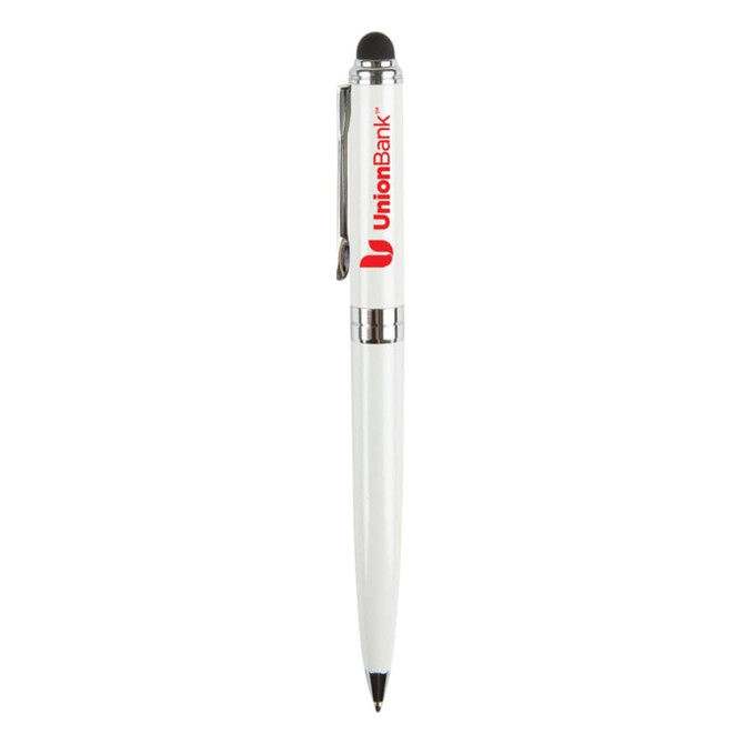 A stylus pen in white with a sleek design and a branding logo. It features a black rubber tip for touchscreen use.