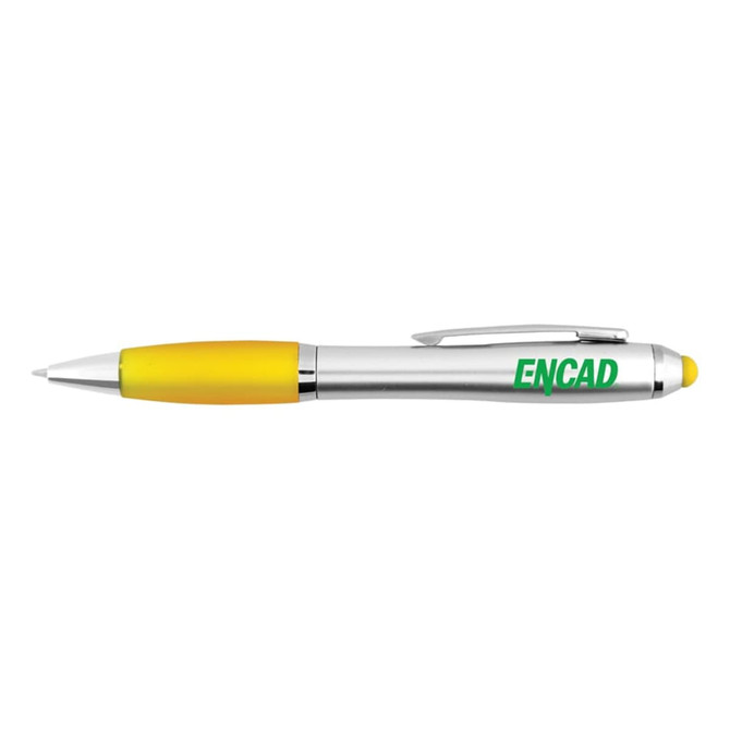 A silver stylus pen with a yellow grip and a clip. The pen features a branding logo.