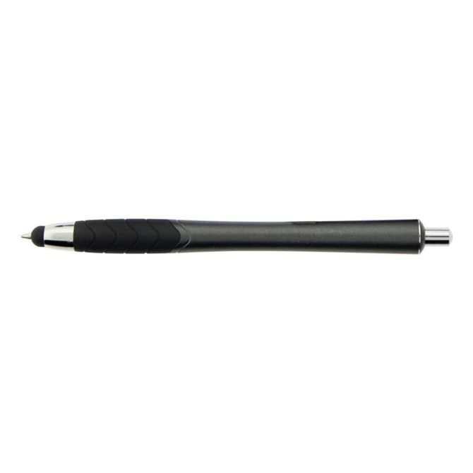 A stylus pen in a sleek black design with a textured grip and silver accents. It features a branding logo.