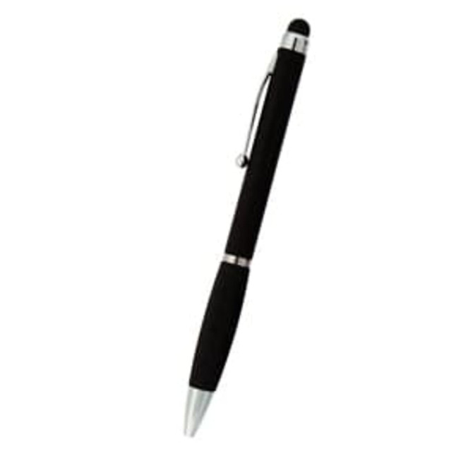 A black stylus pen with a silver clip and tip, featuring a rubber end for touchscreen use.