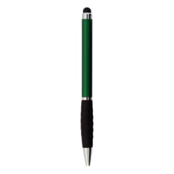 A green stylus pen with a black rubber grip and a shiny silver tip, featuring a logo.