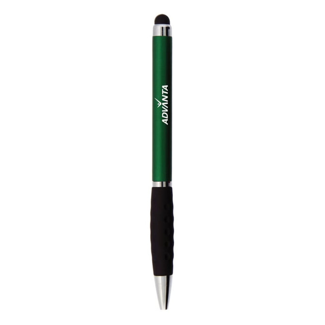 A green stylus pen with a silver tip and black grip, featuring a logo on its barrel.