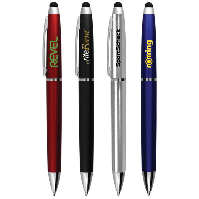 A selection of four stylus pens in red, black, silver, and blue, each featuring a logo.