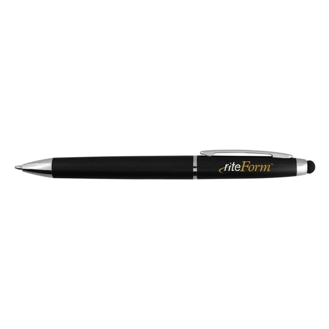 A black stylus pen with silver accents and a branding logo on the barrel.
