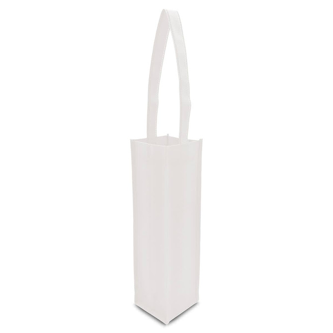 A white non-woven single wine tote bag with a long handle and a simple design. It features a logo.