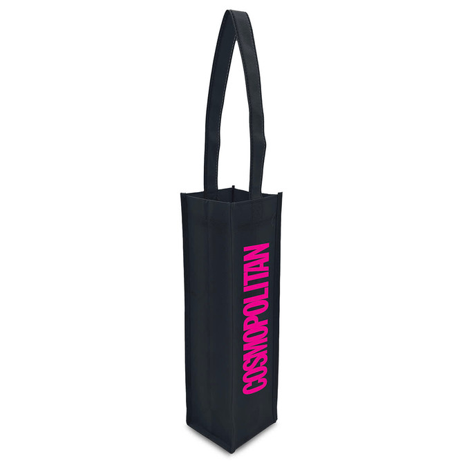 A black non-woven wine tote bag with a long handle and a logo. Designed to hold a single wine bottle.