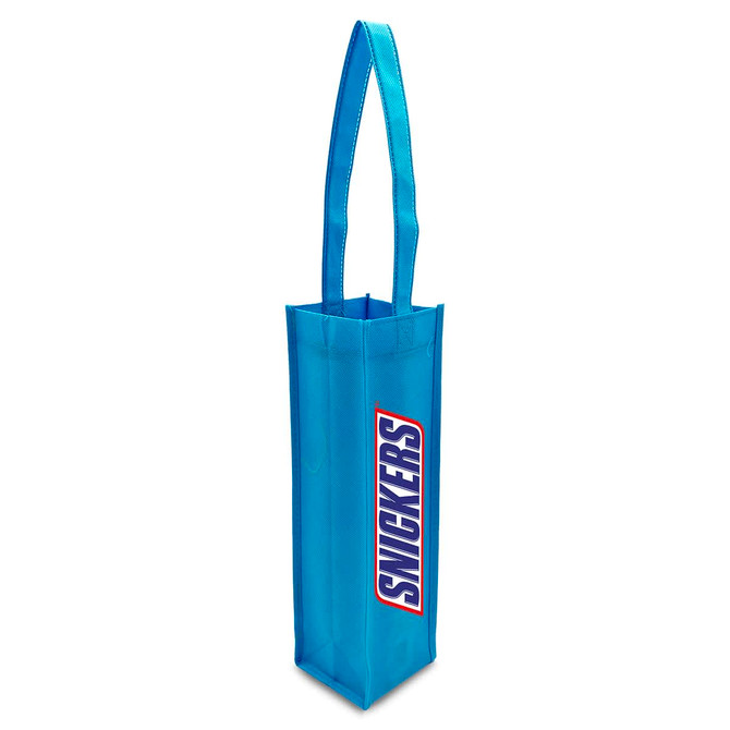 A blue non-woven single wine tote bag with a handle and a logo.