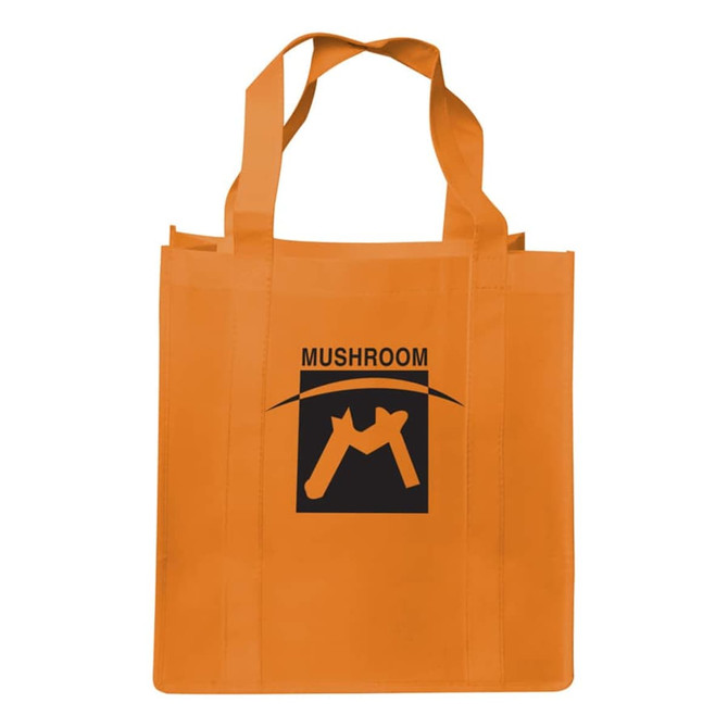 An orange shopping tote bag with a gusset and a logo displayed on the front.