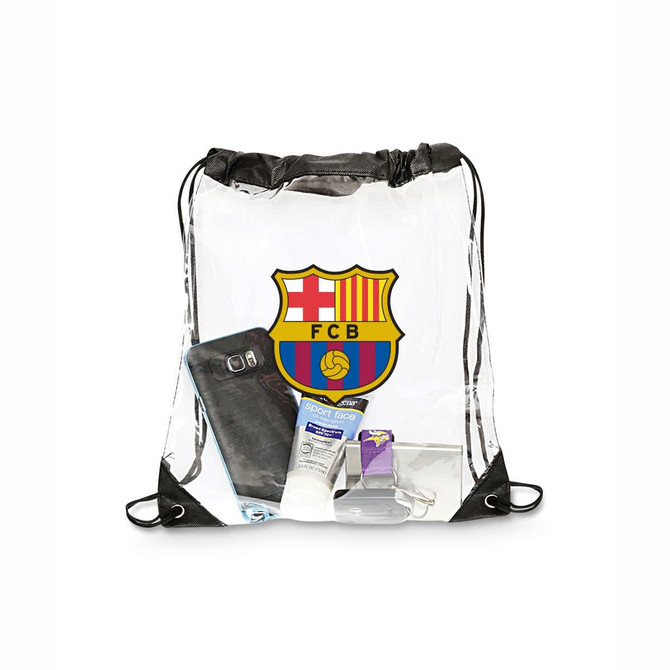 A clear drawstring bag featuring a logo, with a phone, sunscreen, and personal items inside. The bag has black straps.