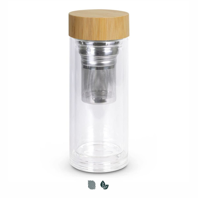 A drink bottle with a clear body, stainless steel infuser, and a bamboo lid. It features a simple, modern design.