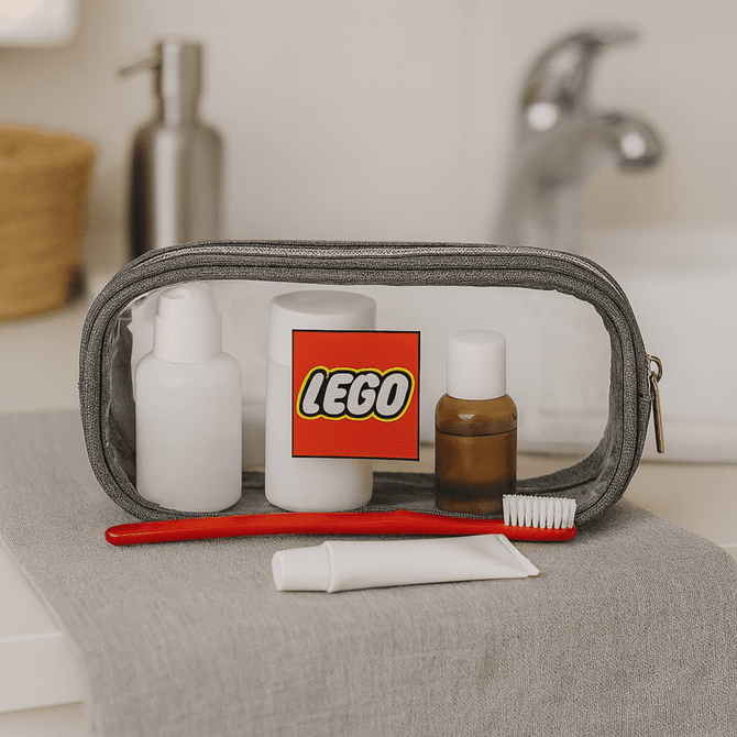 A grey clear travel case containing a toothbrush, toiletry bottles, and a tube, with a logo visible on the front.
