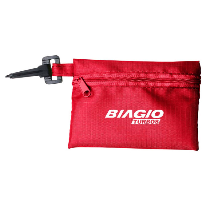 A red Tech Kit Pouch with a zippered compartment and a clip, featuring a logo on the front.