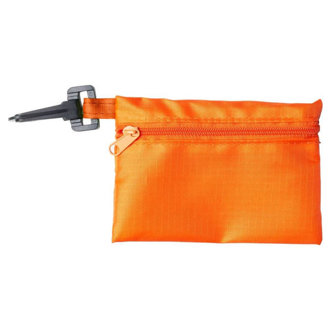 An orange tech kit pouch featuring a zipper and a pen attached, designed for carrying various small items.