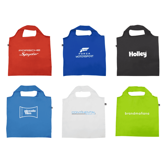 A collection of six recycled PET bags in red, grey, blue, white, and green, each with a logo.