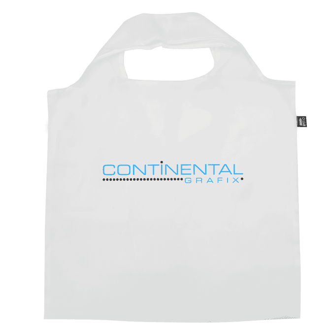 A white recycled PET bag with a logo, featuring dual handles for easy carrying.