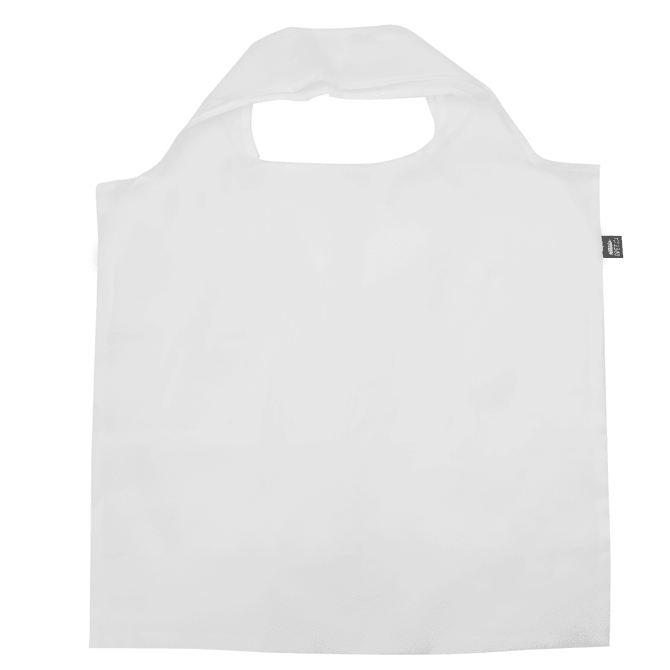 A white recycled PET bag with a cutting handle and a logo tag attached.