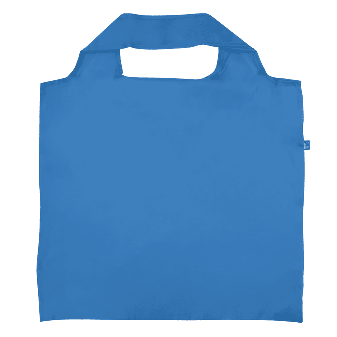 A blue recycled PET bag with a handle and a simple design, featuring a logo on the side.