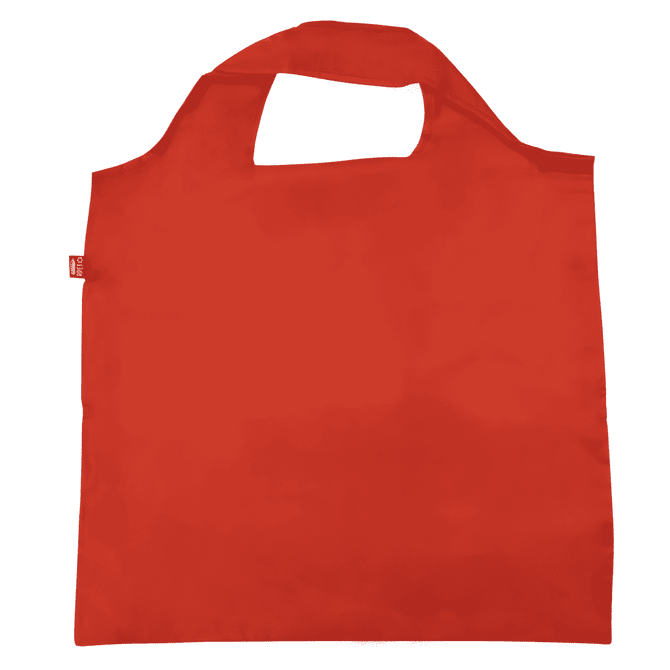 A red recycled PET bag with a handle and a branding logo.