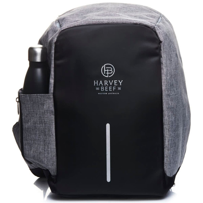 A grey and black backpack with a side pocket containing a drink bottle and a logo on the front.