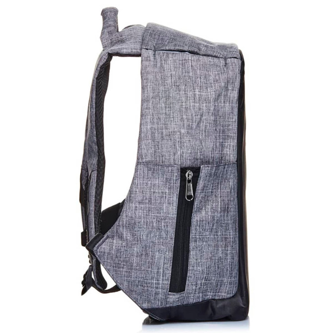 A grey Metro Recycled PET bag with a side pocket and a textured fabric design. Features a logo on the front.