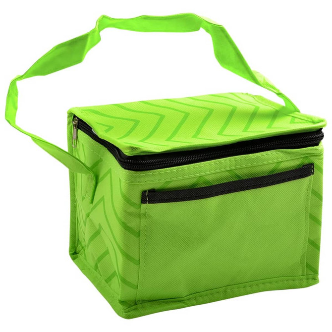 A green lunch cooler bag with a zippered top and an external pocket, featuring a shoulder strap.