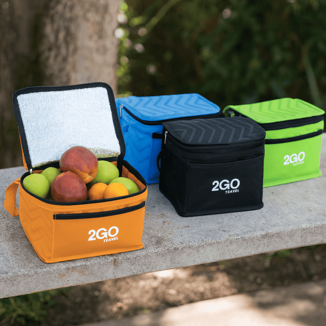A set of three cooler bags in orange, black, and green, filled with apples and oranges, featuring a logo.