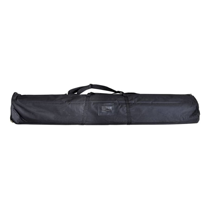A black carrying case for a roll-up banner, featuring a handle for easy transport.