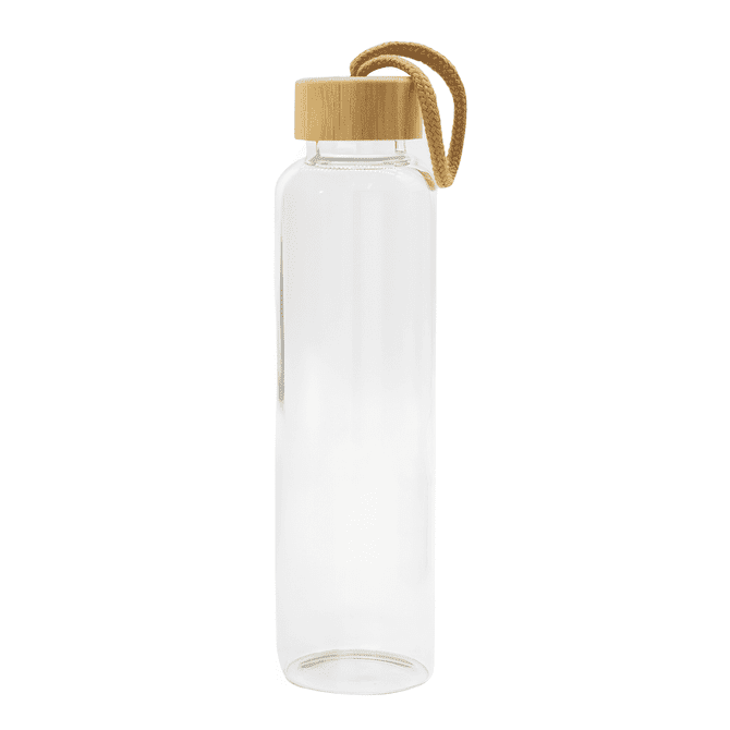 A drink bottle with a clear body and bamboo lid, featuring a rope handle for easy carrying.