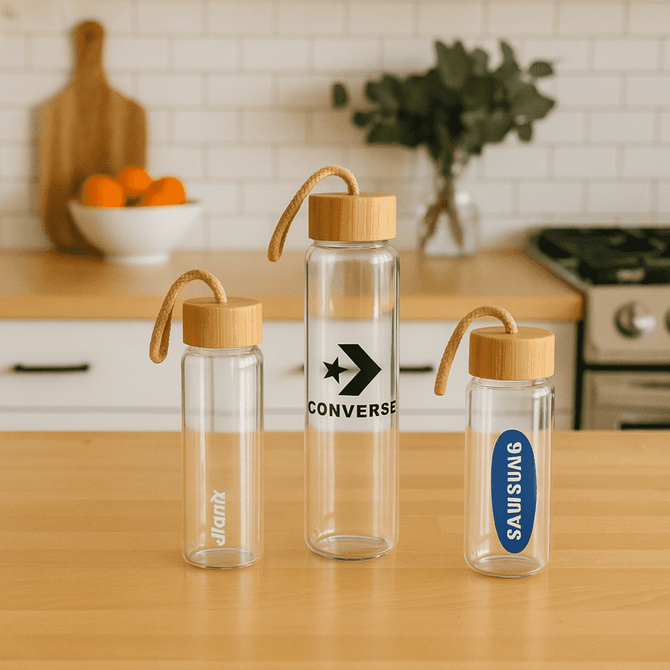 A drink bottle collection featuring three clear glass bottles with wooden lids and handles.