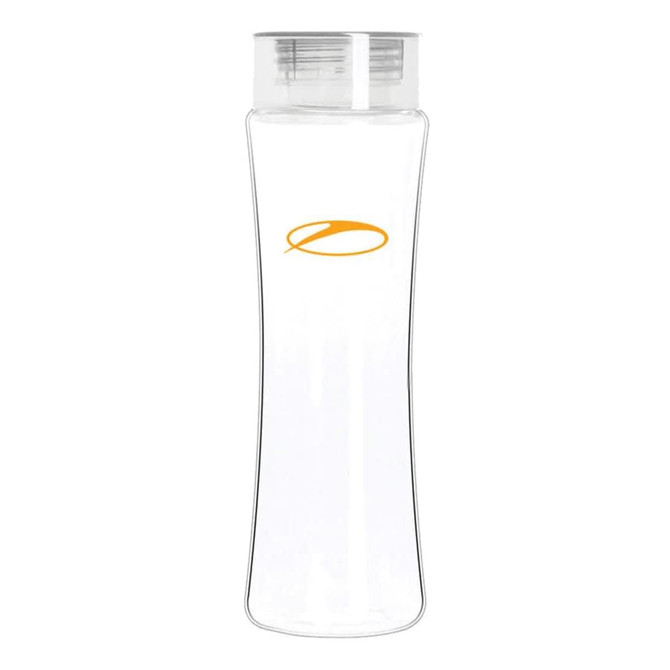 A drink bottle made of clear Tritan with a transparent design and a silver lid. It features a small logo.