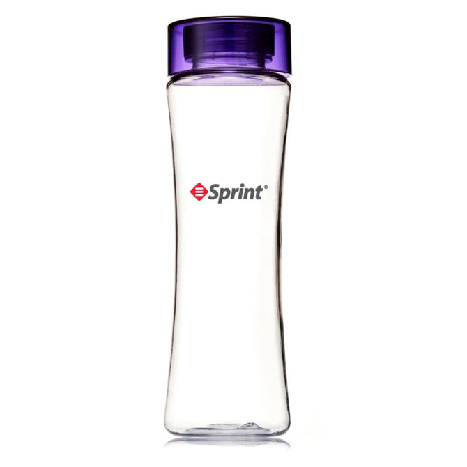 A drink bottle made from clear Tritan with a purple screw-on lid and a logo.