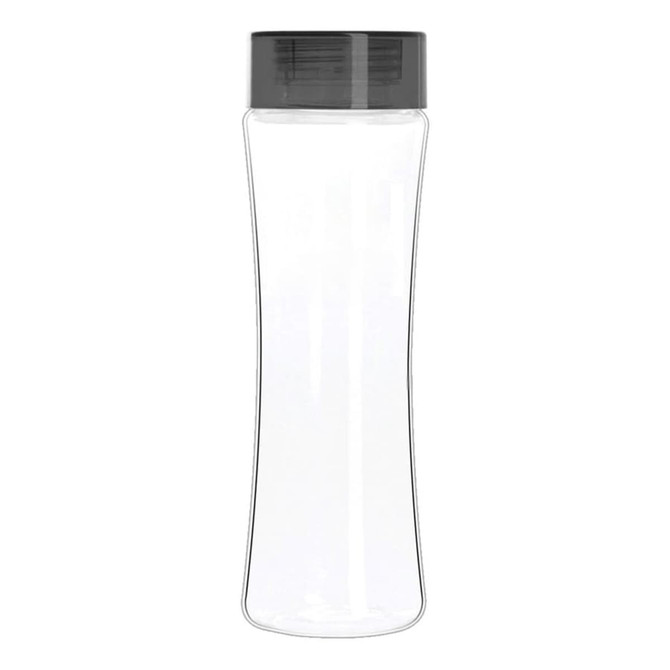 A drink bottle featuring a transparent body with a black lid, made from Tritan material.