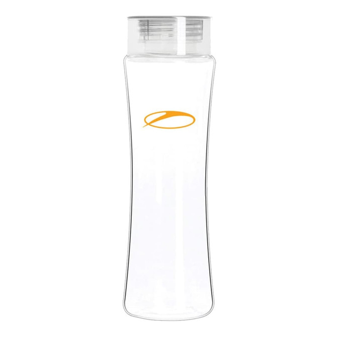 A drink bottle made from clear Tritan with a sleek, curved design and a screw-on lid. It features a logo.