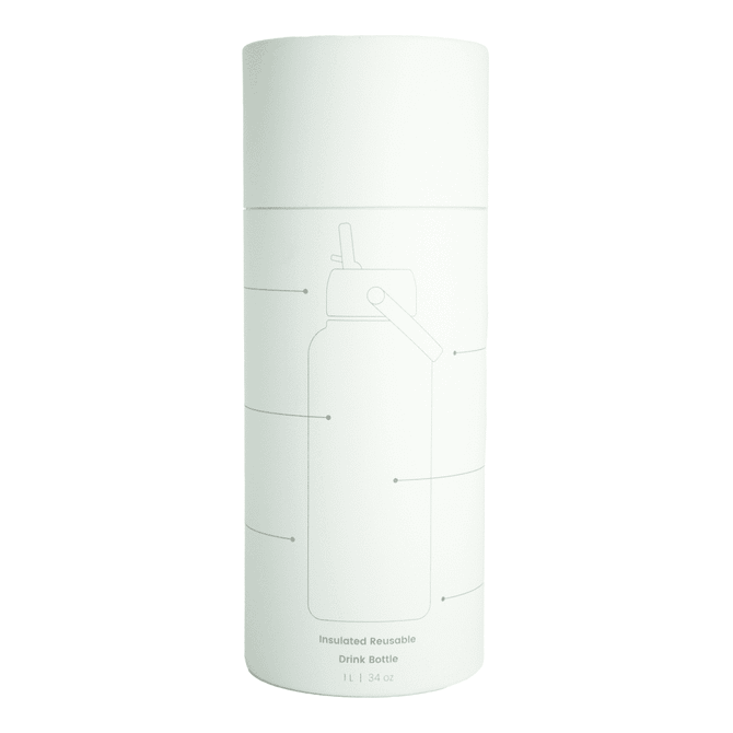 A drink bottle featuring a simple design, presented in a cylindrical container, primarily white in colour. It has a logo.