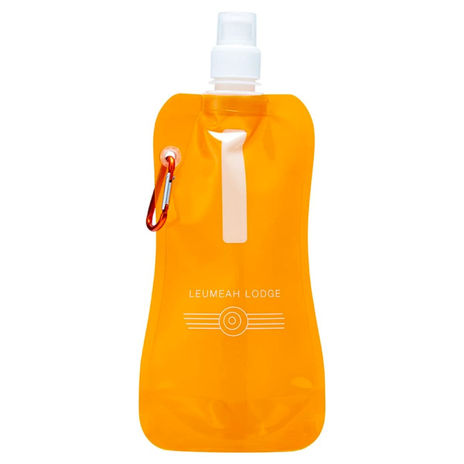 A drink bottle in a vibrant orange colour featuring a carabiner and a logo. The bottle has a flexible design.