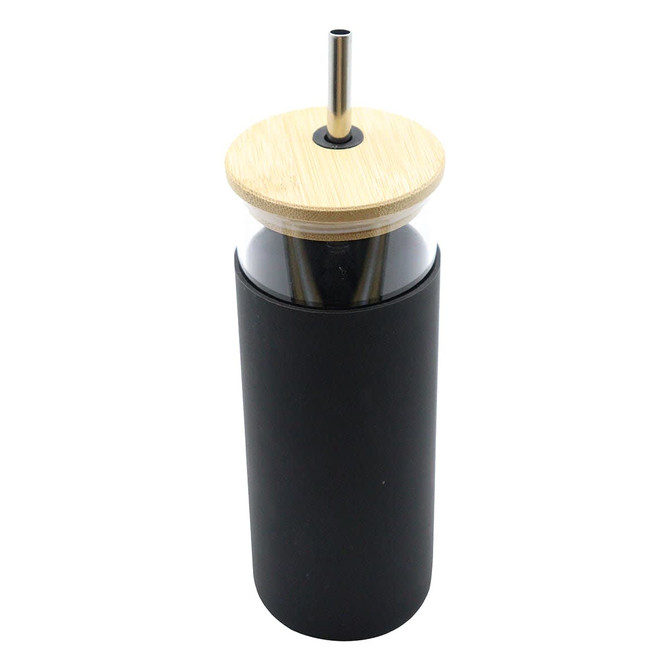 A drink bottle featuring a black plastic body, bamboo lid, and stainless steel straw. It has a logo.