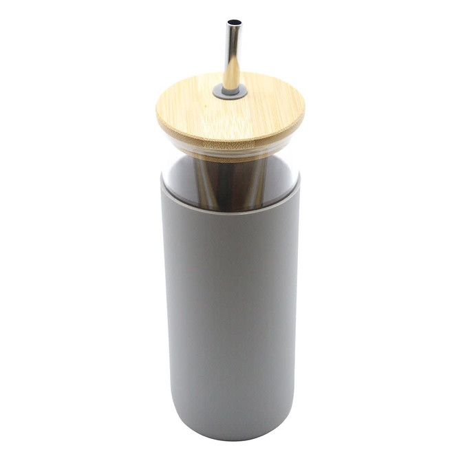 A drink bottle with a grey body and a bamboo lid, featuring a stainless steel straw. It has a logo on it.