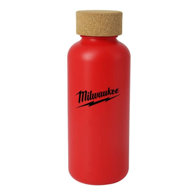 A drink bottle in bright red with a cork lid and a logo.