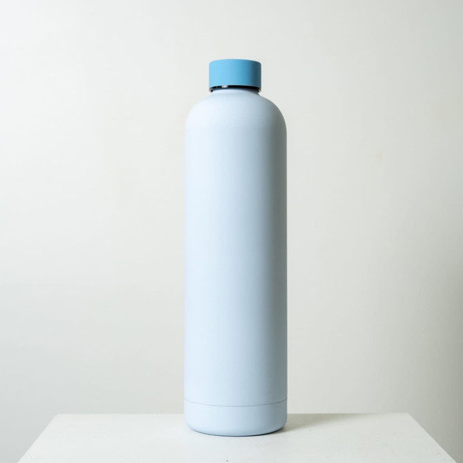 A drink bottle in a light blue colour with a blue cap. The bottle features a logo on its surface.