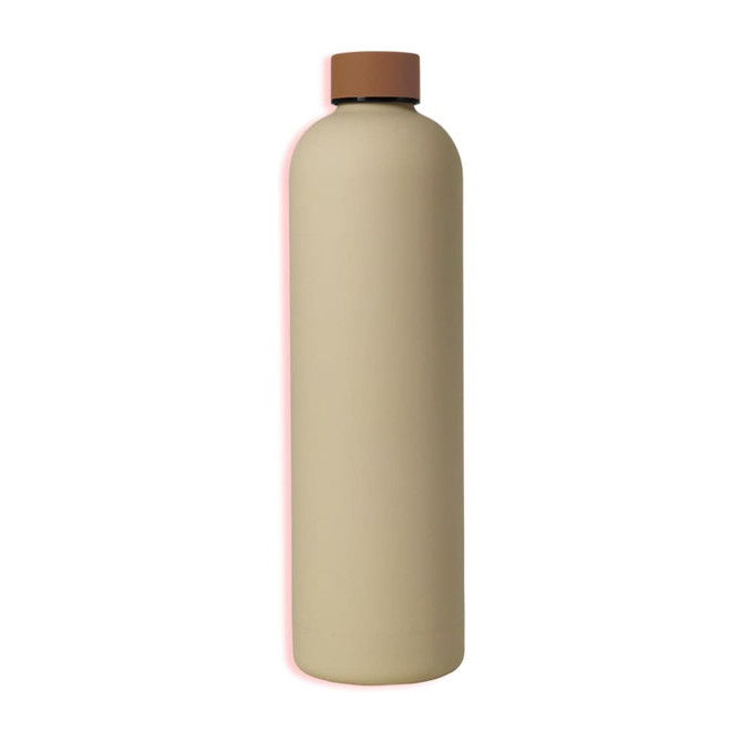 A drink bottle in beige with a brown lid. It has a smooth finish and features a logo.