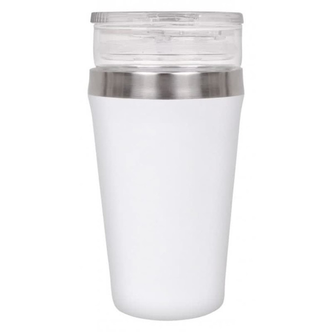 A drink bottle in white with a transparent lid and stainless steel band, featuring a logo.