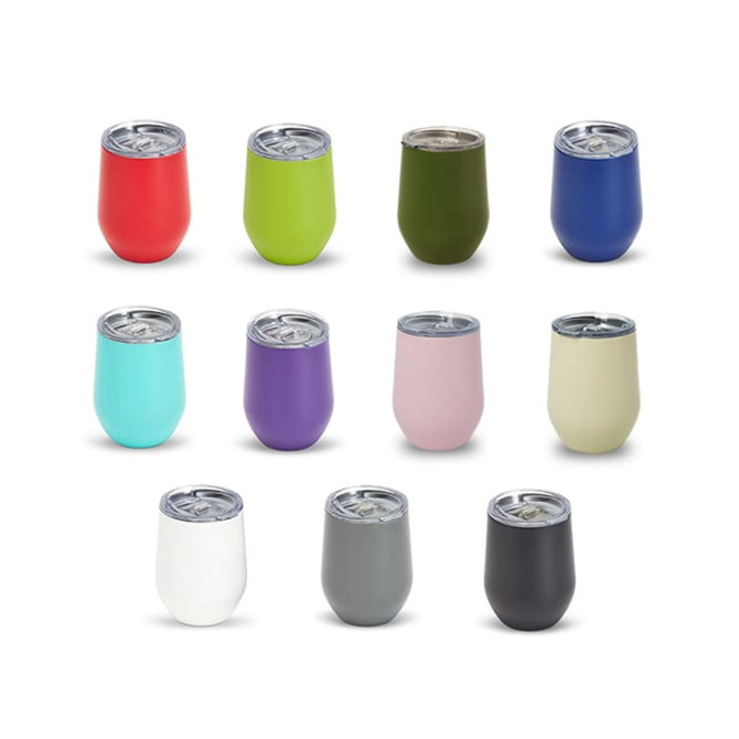 A collection of Zen Mirror Finish Mugs in various colours, each with a silver lid and a logo.