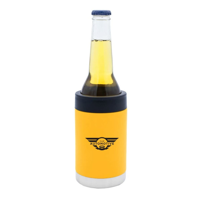 A drink bottle in a yellow stubby cooler with a silver base and a logo.