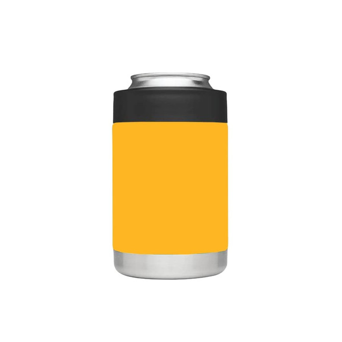 An orange stubby cooler with a black top, designed to hold beverage cans. It has a metal base and a logo.