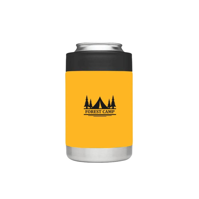 A stubby cooler in bright yellow with a black band and a logo featuring trees and a tent.