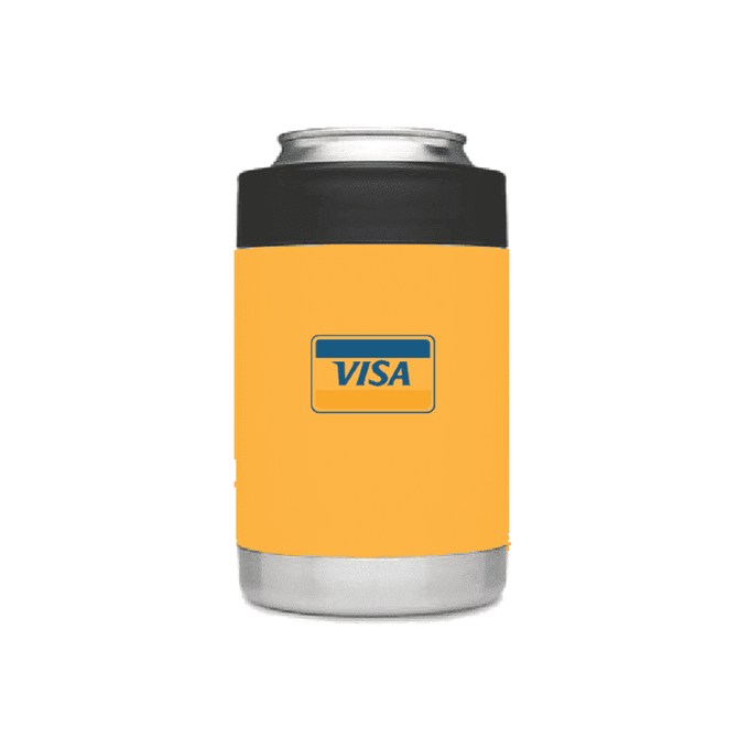 A stubby cooler in bright yellow with a black base, featuring a logo on the front.