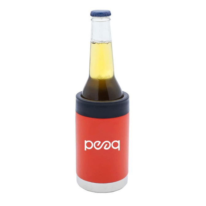 A red stubby cooler with a black top holding a bottle of beer. It features a logo.
