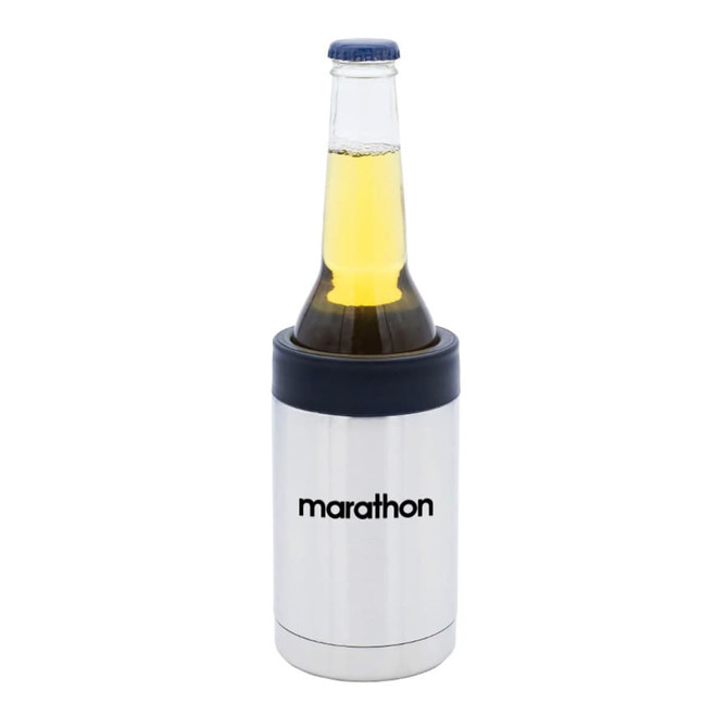 A stainless steel stubby cooler with a black top, holding a beer bottle. It features a logo on the front.