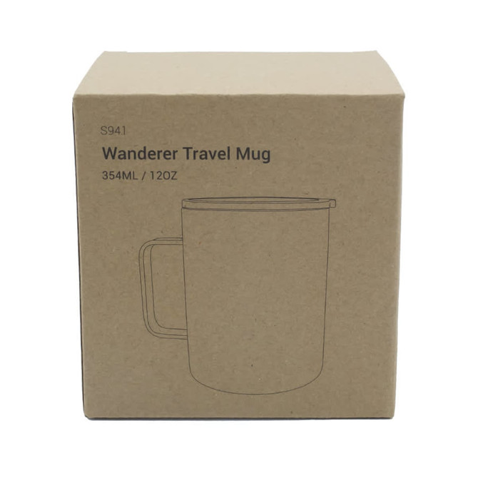 A travel mug in a kraft box, featuring a simple design and a handle. The mug is shown in a plain outline.