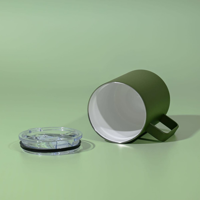 A drink bottle in olive green with a clear lid, featuring a handle and a minimalist design.